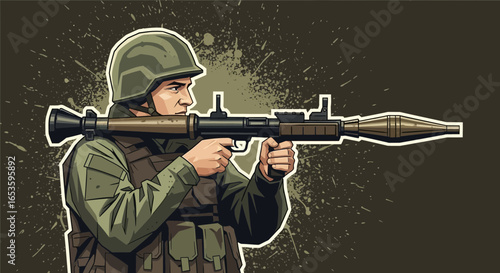 Illustrative depiction of soldier with rocket launcher against grunge backdrop