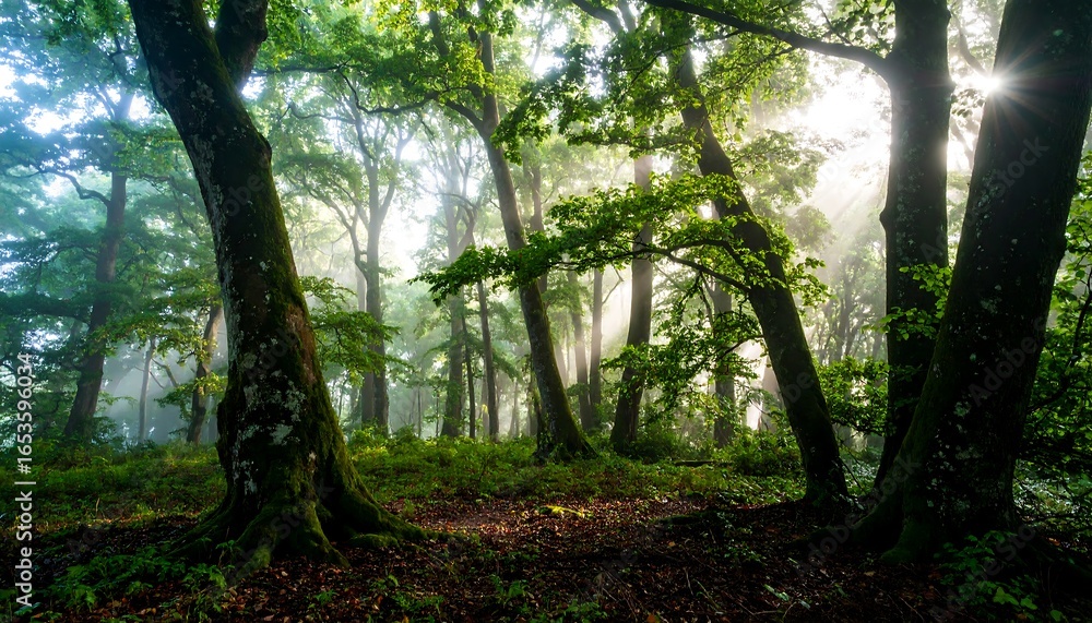 Fototapeta premium Sunlight streams through a misty forest