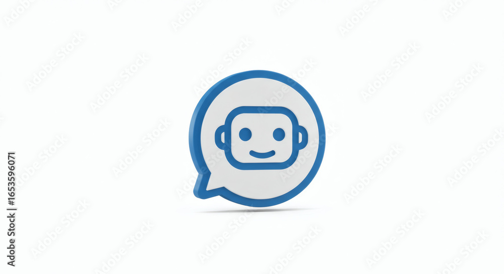 Obraz premium 3D chatbot icon featuring a friendly robot face inside a speech bubble, representing AI-powered communication and virtual customer support.