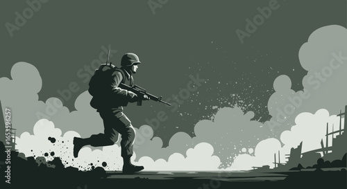 Monochromatic depiction of a soldier advancing on a chaotic battlefield