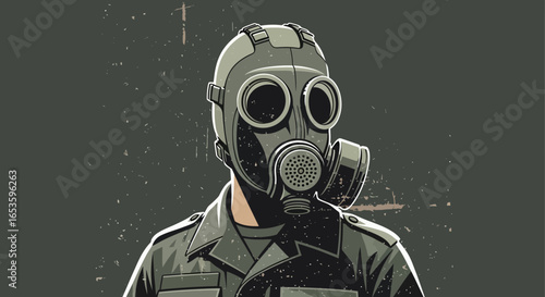 Protective respirator, illustration of a man with a gas mask, environmental safety