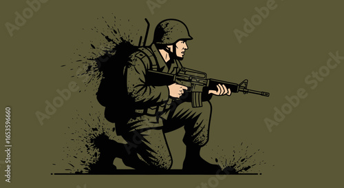 Soldier poised with rifle against a splatter backdrop symbolizing duty and readiness