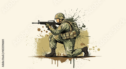 Soldier in combat stance with grunge accents ready to defend position