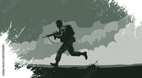Soldier silhouette vector illustration in a distressed urban environment