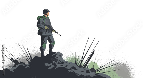 Soldier surveying a fractured landscape in illustrated battle scene, armed