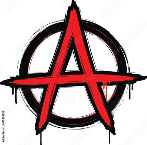 Bold red "A" within a black circle, representing anarchy, with dripping paint effect.