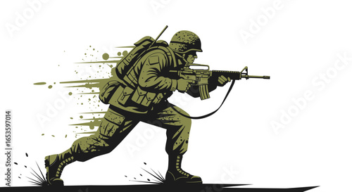 Stylized army soldier charging with rifle in hand graphic illustration