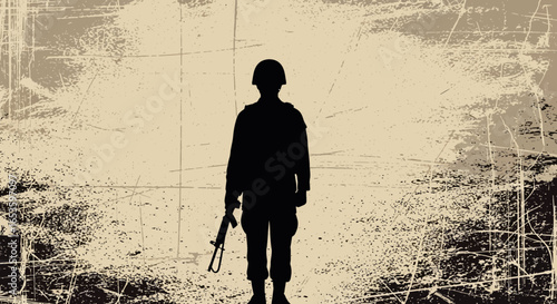 Solitary armed soldier silhouette stands defiant against a grunge backdrop