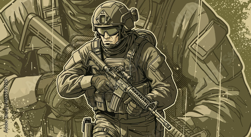 Stylized illustration of a combat soldier with rifle, vector artwork