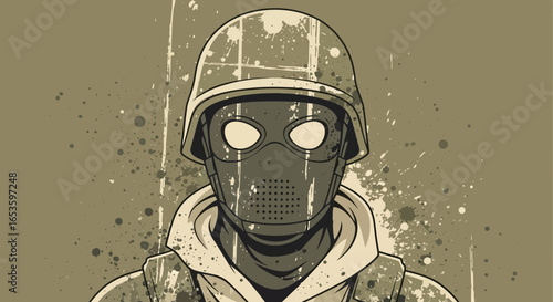 Stylized illustration of a soldier in helmet and mask against neutral backdrop