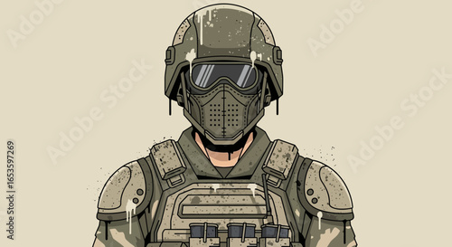 Stylized illustration of a soldier wearing tactical gear and protective mask