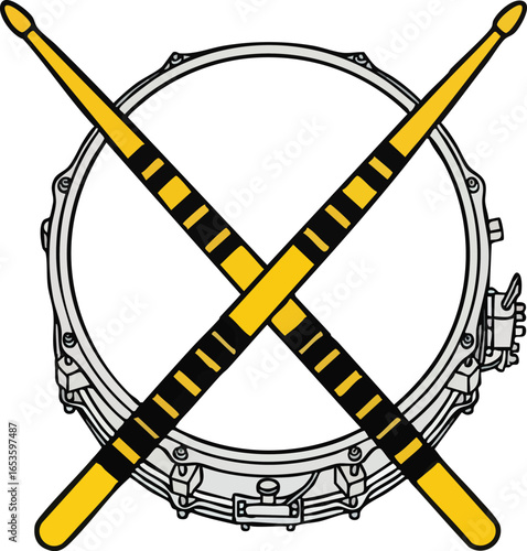 A detailed illustration of a snare drum with crossed drumsticks, ready to play.