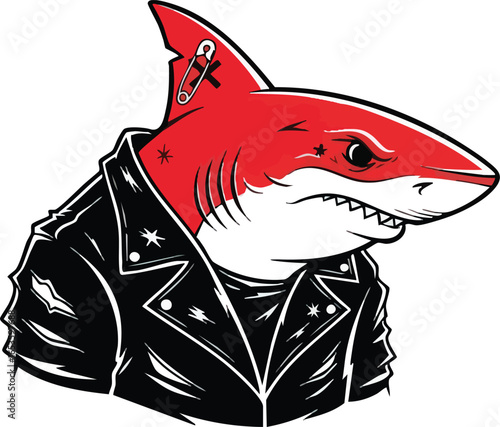 A stylized illustration of a shark wearing a black leather jacket and sporting a safety pin.
