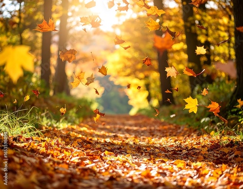 Fototapeta Naklejka Na Ścianę i Meble -  Autumn leaves falling on a forest path