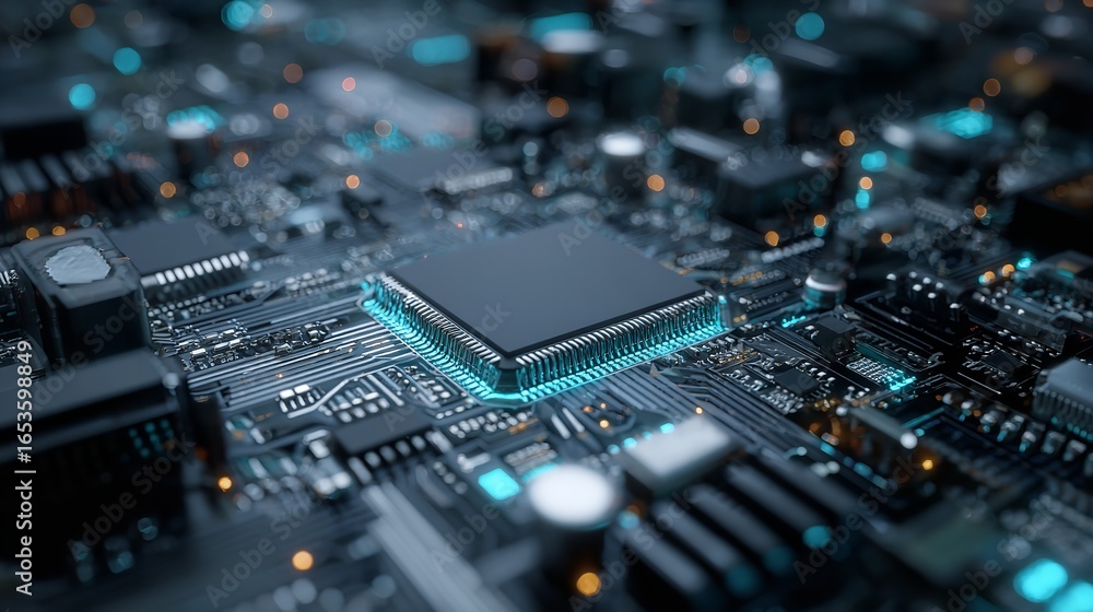 Obraz premium Advanced Microchip Technology Background: Close-up of Futuristic Electronic Circuitry with Glowing Blue Light Effects.