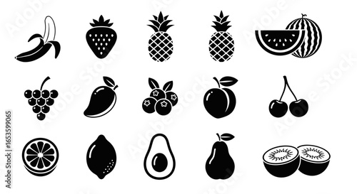 A collection of fifteen black and white fruit icons, including banana, strawberry, pineapple, and watermelon.