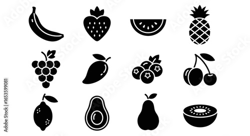A collection of twelve black and white silhouette icons representing various popular fruits.