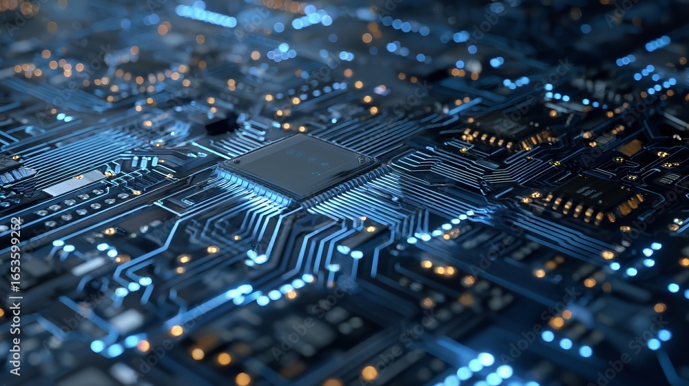 Obraz premium Intricate circuit board with glowing blue pathways and central chip for modern technology aesthetic.