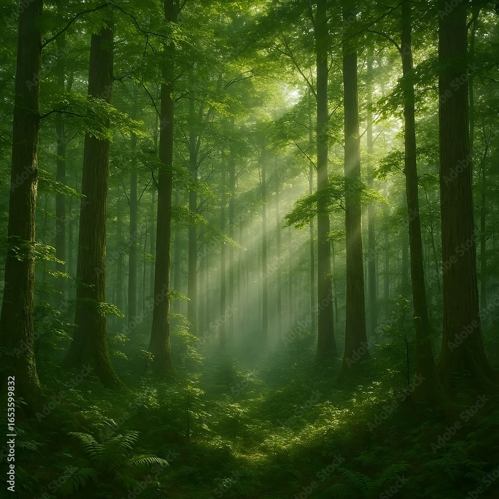 Obraz premium Dense green forest sunlight