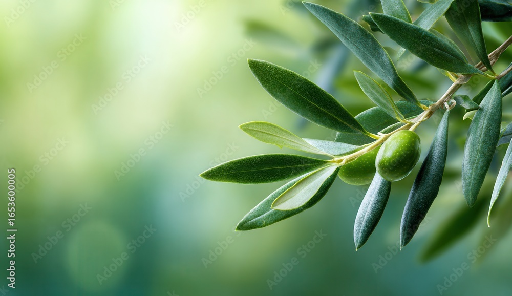 Fototapeta premium Close up of green olives growing on a branch with soft bokeh background