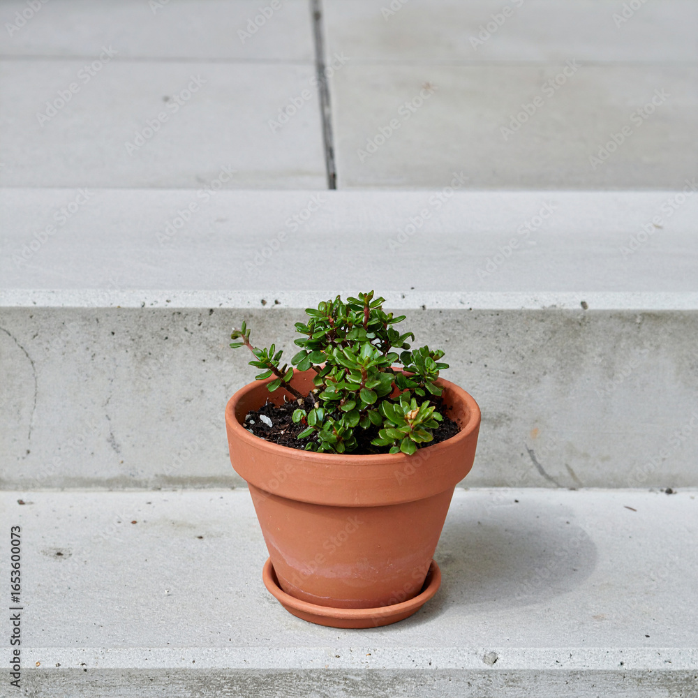 Naklejka premium Minimal Terracotta Pot on Concrete Step—Urban Garden