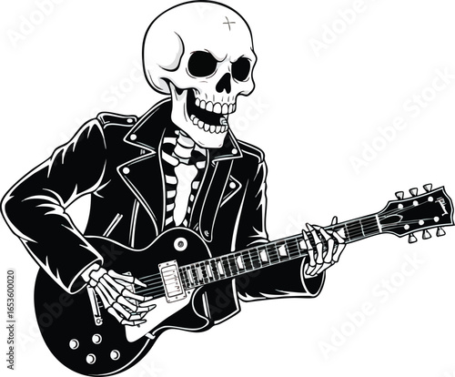 A skeletal figure, clad in a leather jacket, plays an electric guitar with detailed precision.
