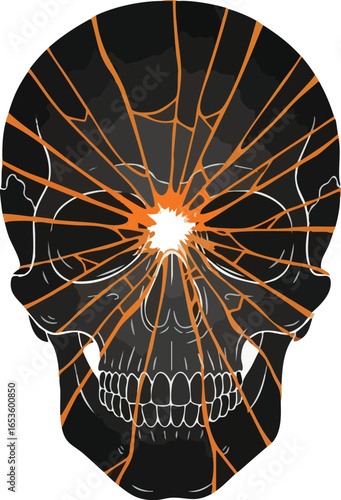 A stylized skull with cracks radiating outwards from a central point, creating an artistic illustration.