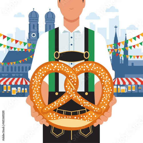 Bavarian man in traditional attire holding a pretzel at a festival, with city background.