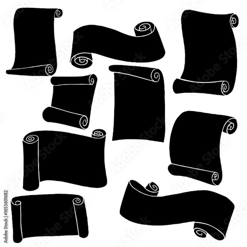 Collection of hand-drawn vintage ribbon banners in black and white. Includes a variety of scrolls, curved ribbons, and folded banner designs in different styles. Ideal for retro labels, logos, posters