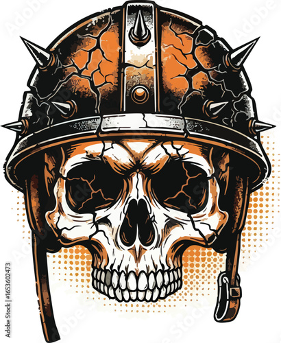 A stylized illustration of a skull wearing a cracked, spiked helmet, with a detailed design.