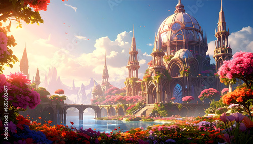 Fototapeta Naklejka Na Ścianę i Meble -  Grand Palace Surrounded By Lush Gardens and Vibrant Flowers Under a Bright Blue Sky and Sunshine