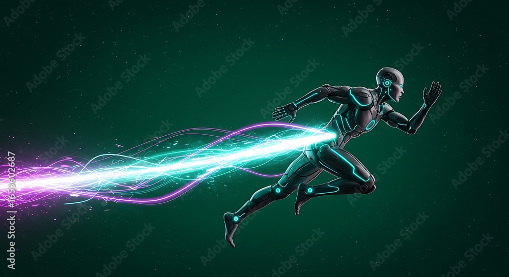 Naklejka premium Futuristic Robot Running in Space with Electric Energy Trails