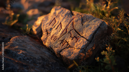 Wallpaper Mural Viking rune stone cracked close-up, sharp texture details, Viking heritage theme Torontodigital.ca