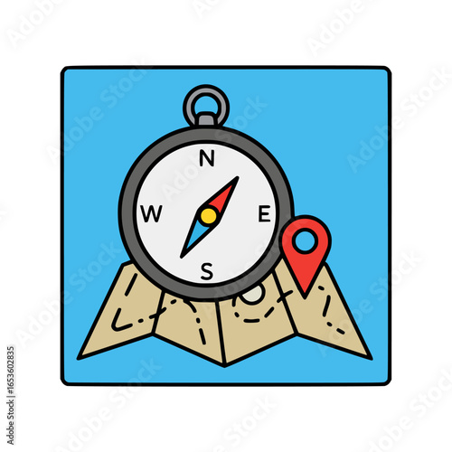 Navigation compass on treasure map with waypoint marker representing hiking camping travel route and orientation tool
