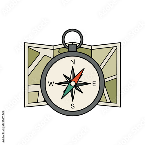 Vector drawing of compass with detailed map background representing navigation, orientation, hiking, and travel exploration concept