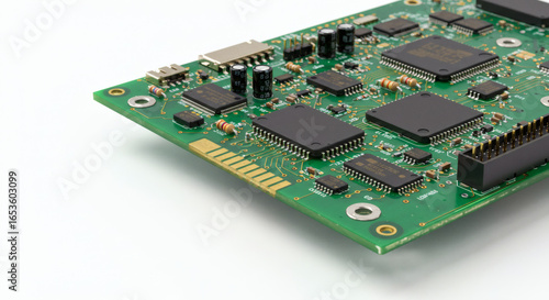 Close-up view of a green printed circuit board with microchips and electronic components isolated on a white background representing technology