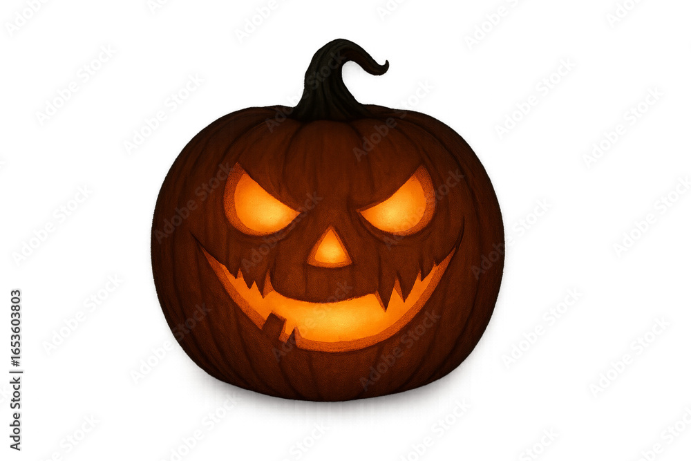 Fototapeta premium Ultra-realistic carved dark Halloween pumpkin jack-o’-lantern with glowing candlelight, isolated on transparent background for seasonal decoration and design use