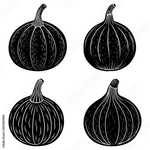 Illustration of four black and white figs with detailed line work and organic shapes on white background