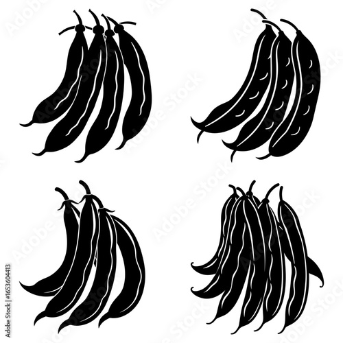 Four groups of black string beans in a vector format, isolated on a white background, food ingredient