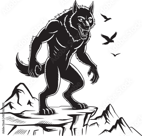 Illustration of a Monstrous Werewolf Standing Dominantly on a Cliffside with Distant Birds Flying Overhead in a Black and White Drawing