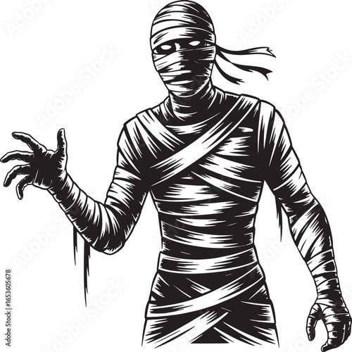Monochromatic Mummy Illustration Striking a Pose Wrapped in Bandages Classic Horror Icon Perfect for Halloween and Spooky Themes Graphic Novel Style