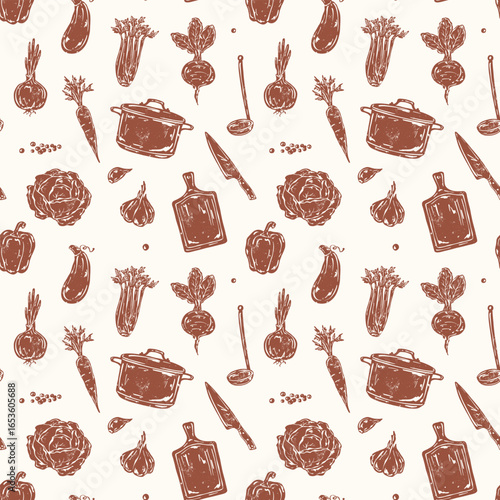 Seamless monochrome cooking vegetables pattern with carrot, cabbage, celery, onion, garlic, pepper, knife, pot, and ladle. Hand-drawn textured style for culinary illustrations and kitchen design
