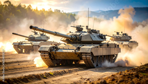 Military Tanks Moving Across Dusty Terrain During Sunny Day