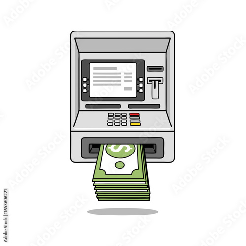 Vector illustration of an ATM machine dispensing cash money. Financial transaction concept graphic.