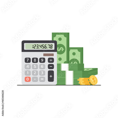 Financial calculation concept with calculator, stacks of cash, and coins for business accounting.