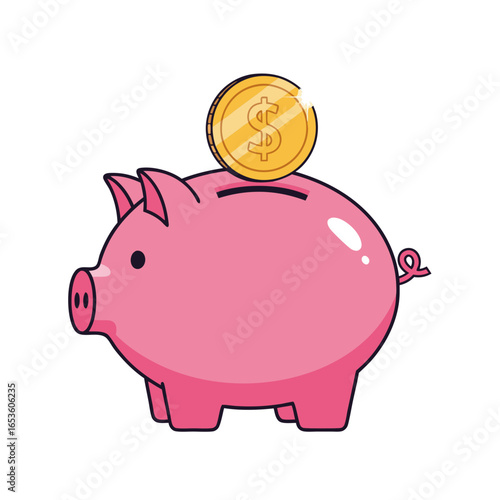 Pink piggy bank with a gold dollar coin, a symbol of saving money and financial security.