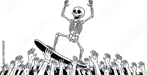 A skeletal figure balances on a skateboard, raised above a crowd of cheering hands.