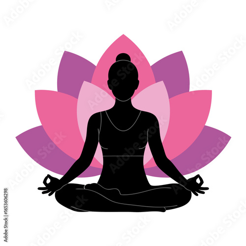 Silhouette of a woman in lotus yoga pose with a pink lotus flower background vector illustration