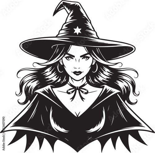 Enchanting Witch Illustration A Black and White Portrait of Halloween Magic and Mystical Feminine Power
