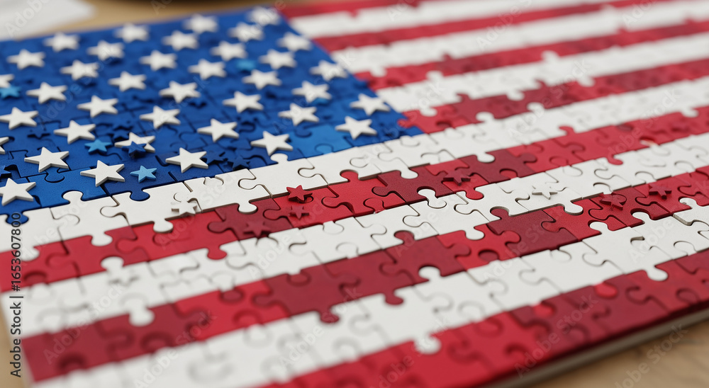 Fototapeta premium Puzzle depicting american flag colors, ideal for patriotic themes, 4th of july designs, jigsaw puzzle fans, or educational materials.